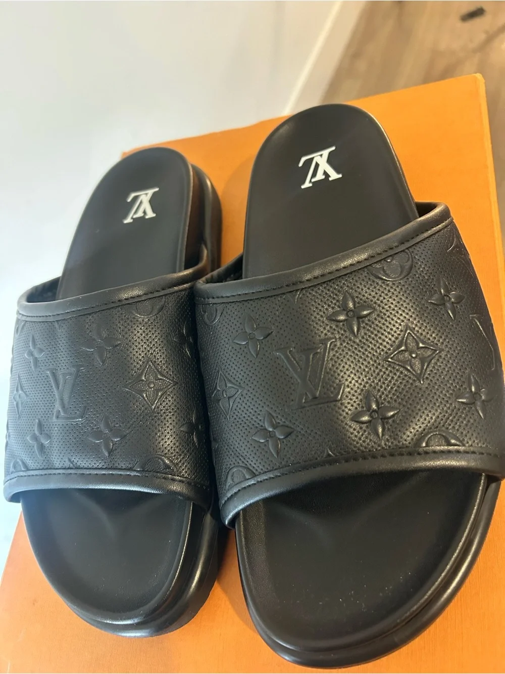 Louis Vuitton Black Embossed Monogram Slide Sandals
